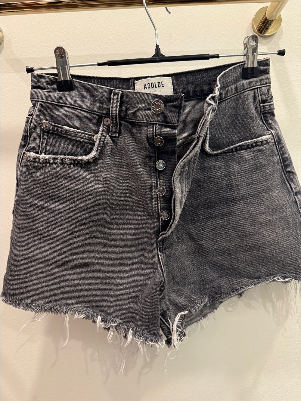 Agolde Washed Grey High-Rise Button-Fly Jean Shorts